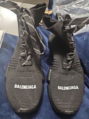 Balenciaga Black Knit Sock Sneakers with White Logo Accent